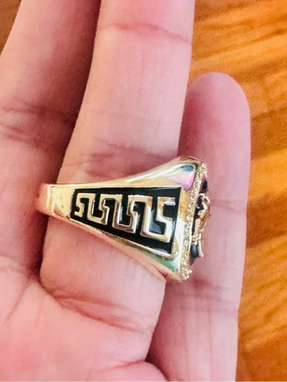 18K Gold Plated Eagle Emblem Ring with Black Enamel and Crystal Halo. Adjustable